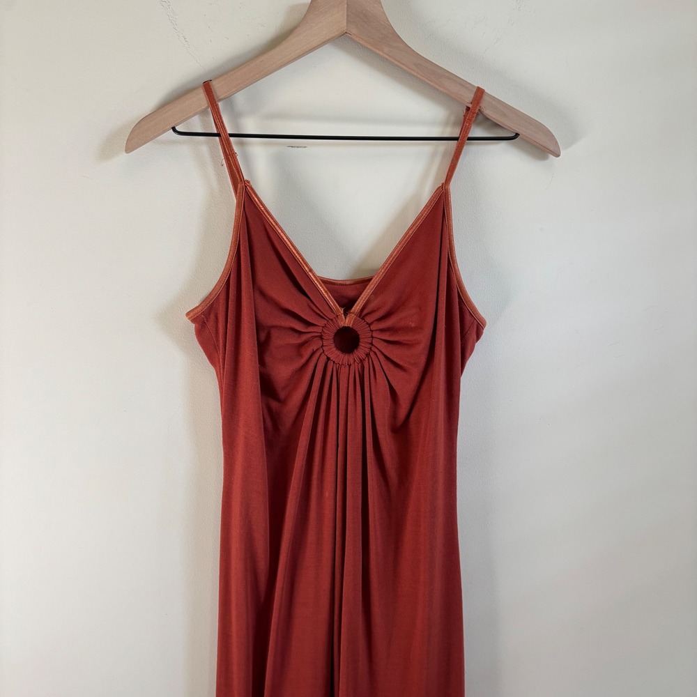 Terracotta Rust O-Ring Pleated Maxi Dress Sleeveless Jersey Knit Large